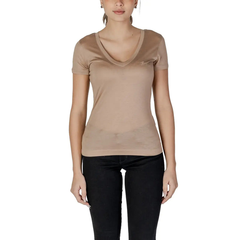 Guess Beigefarbenes Damen-T-Shirt mit V-Ausschnitt aus Lyocell, kurzärmelig, mit dezentem, gesticktem Logo auf der linken Brustseite