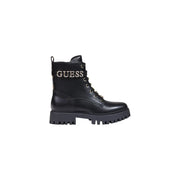 Guess Schwarze Damen-Ankle-Boots aus Leder mit silbernem Logo-Detail, profilierter Sohle und Reißverschluss-Schnürsenkeln aus Polyurethan