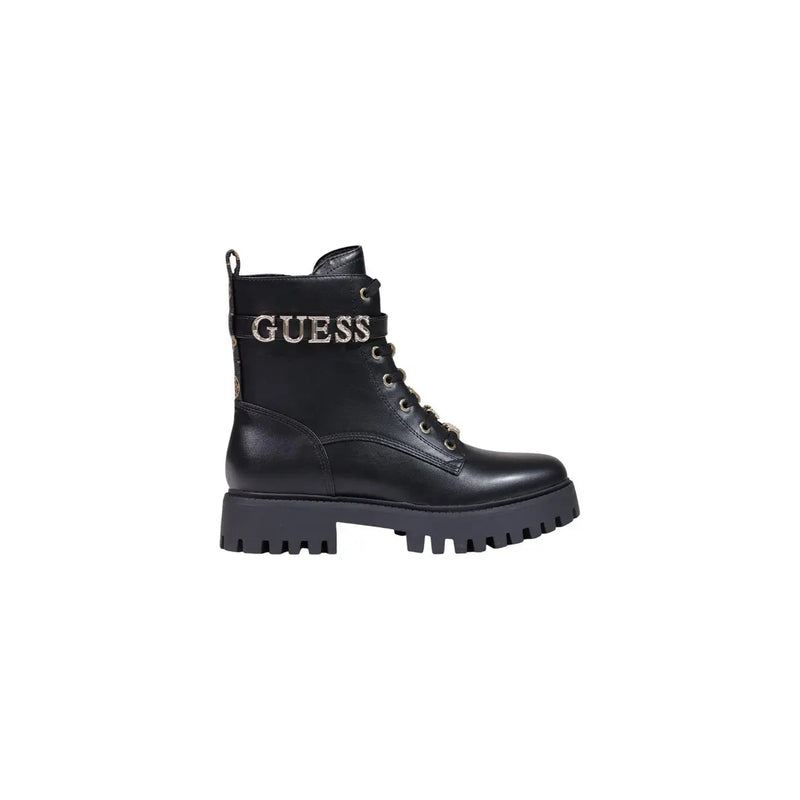 Guess Schwarze Damen-Ankle-Boots aus Leder mit silbernem Logo-Detail, profilierter Sohle und Reißverschluss-Schnürsenkeln aus Polyurethan