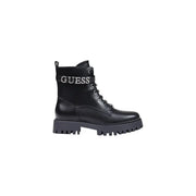Schwarzes Leder guess Damen-Ankle-Boot mit silbernem Logo-Riemen und klobiger Profilsohle aus Polyurethan mit Reißverschluss-Schnürsenkeln