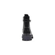 Guess Schwarze Damen-Ankle-Boots aus Leder mit klobiger Sohle, silberner Schnalle und Schnürsenkeln aus Polyurethan.