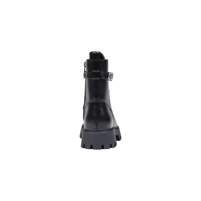 Guess Schwarze Damen-Ankle-Boots aus Leder mit klobiger Sohle, silberner Schnalle und Schnürsenkeln aus Polyurethan.