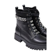 Guess Schwarze Damen-Kampfstiefeletten aus Leder mit silberner Metallbeschriftung und Strass-verzierten Schnürsenkeln