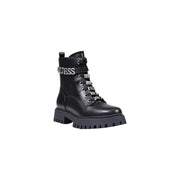 Schwarz guess Damen-Ankle-Boots aus Polyurethan mit silberfarbenen Strass-verzierten Schnürsenkeln und klobiger Sohle