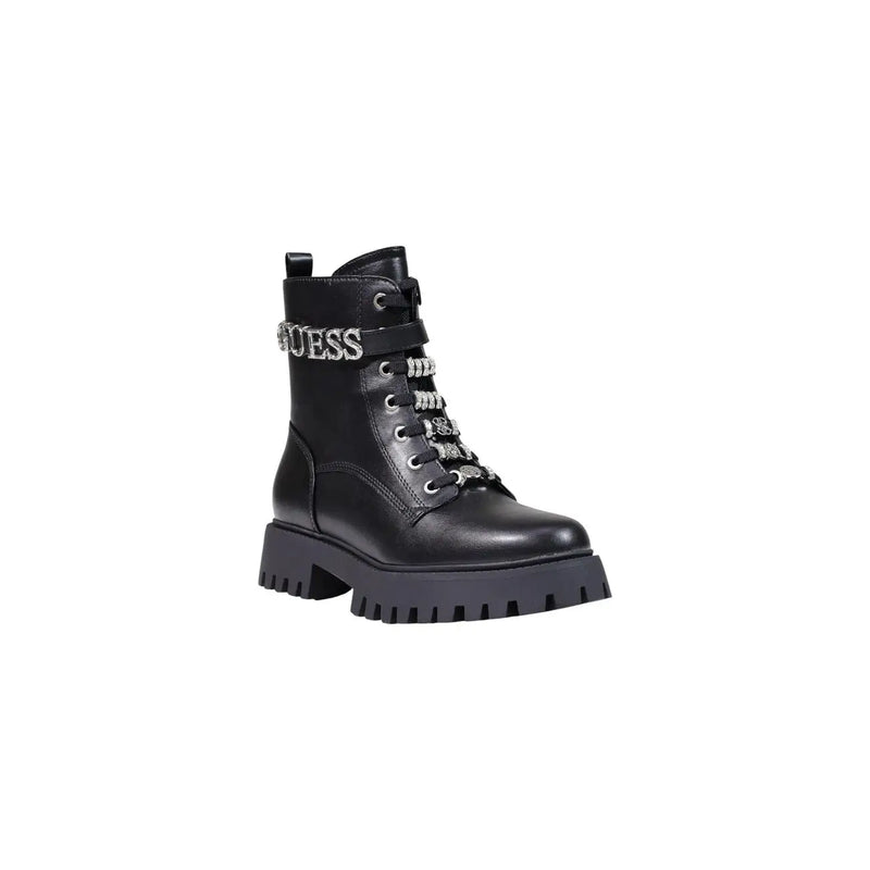 Schwarz guess Damen-Ankle-Boots aus Polyurethan mit silberfarbenen Strass-verzierten Schnürsenkeln und klobiger Sohle