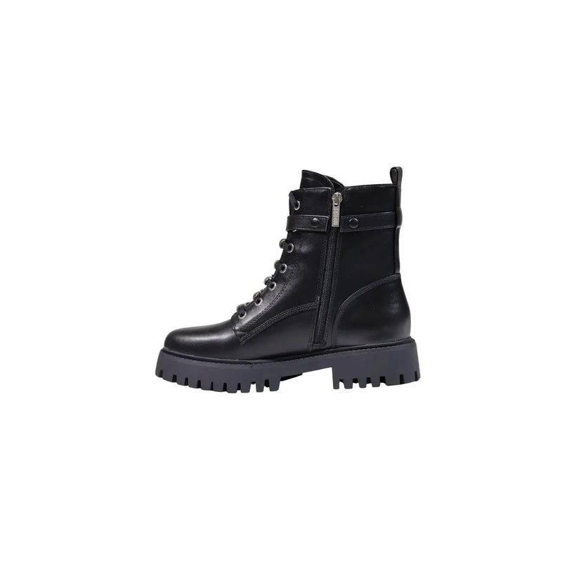 Guess Schwarze Damen-Ankle-Boots aus Polyurethan im Combat-Stil mit klobiger Sohle und seitlichem Reißverschluss.