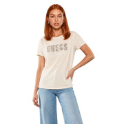 Beige Guess Damen Baumwolle t-shirt mit Glitzer Guess Logo auf der Brust im klassischen Kurzarm-Stil