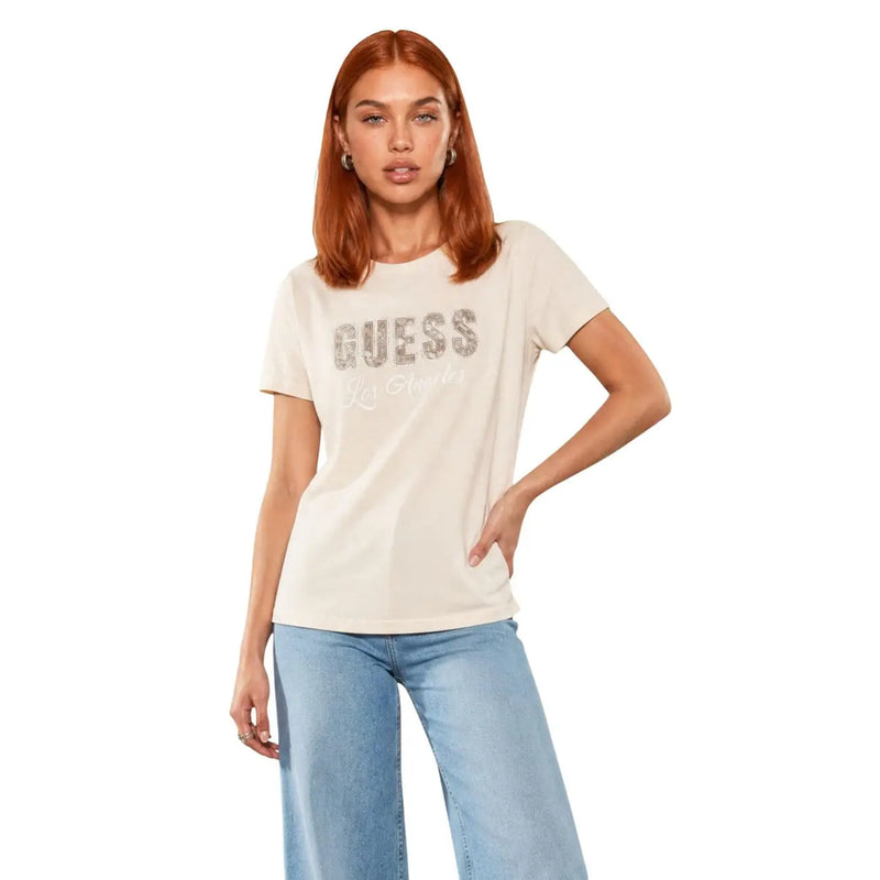 Beige Guess Damen Baumwolle t-shirt mit Glitzer Guess Logo auf der Brust im klassischen Kurzarm-Stil