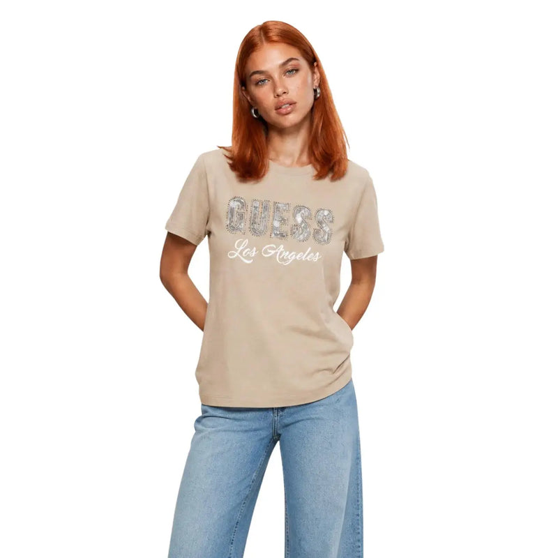 Beige Guess Damen Baumwolle t-shirt mit funkelnden silbernen Pailletten Guess Los Angeles-Grafik auf der Vorderseite, kurze Ärmel, klassische Passform