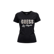 Guess Schwarzes, klassisches Kurzarm-Damen-Baumwoll-Shirt t-shirt mit funkelndem Silber guess Schriftzug und weiße Los Angeles-Schrift