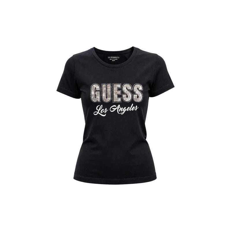 Guess Schwarzes, klassisches Kurzarm-Damen-Baumwoll-Shirt t-shirt mit funkelndem Silber guess Schriftzug und weiße Los Angeles-Schrift