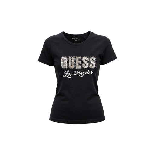 Guess Schwarzes, klassisches Kurzarm-Damen-Baumwoll-Shirt t-shirt mit funkelndem Silber guess Schriftzug und weiße Los Angeles-Schrift