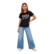 Guess Schwarzes, klassisches Kurzarm-T-Shirt aus Baumwolle für Damen mit silberner Glitzerbeschriftung im Grafikdesign