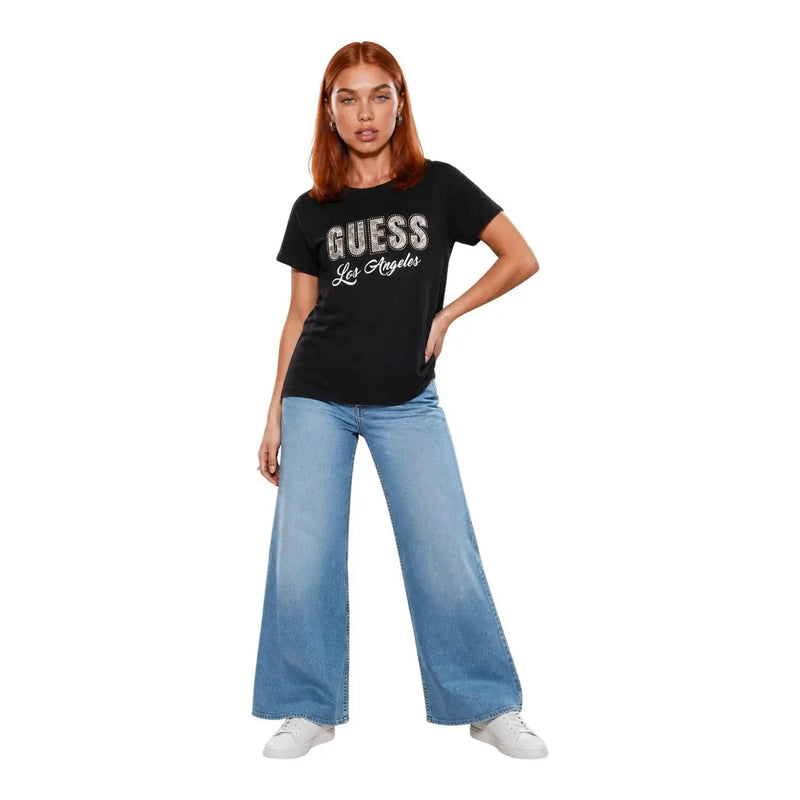 Guess Schwarzes, klassisches Kurzarm-T-Shirt aus Baumwolle für Damen mit silberner Glitzerbeschriftung im Grafikdesign