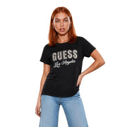Guess Schwarzes, klassisches Kurzarm-Damen-Baumwoll-Shirt t-shirt mit einem funkelnden Silber- und Weißton Guess Grafik aus Los Angeles