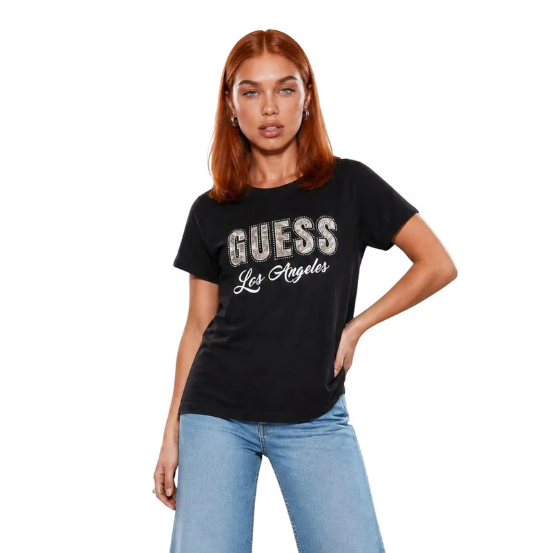 Guess Schwarzes, klassisches Kurzarm-Damen-Baumwoll-Shirt t-shirt mit einem funkelnden Silber- und Weißton Guess Grafik aus Los Angeles