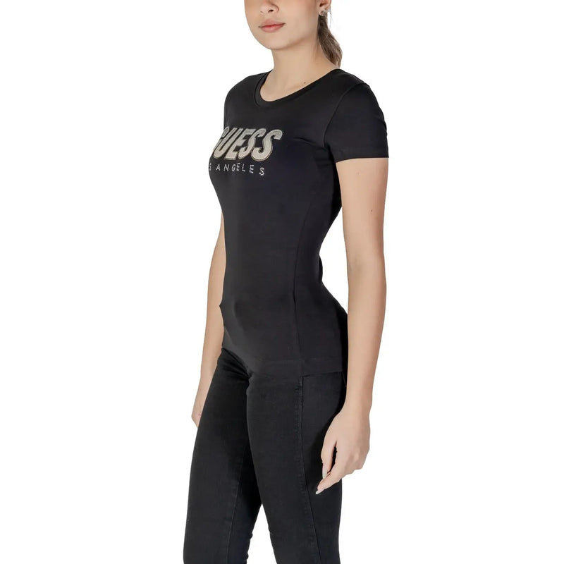Guess Schwarzes Damen-T-Shirt aus Baumwolle mit Rundhalsausschnitt und metallisch-goldenem Aufdruck guess Angeles-Logo über der Brust