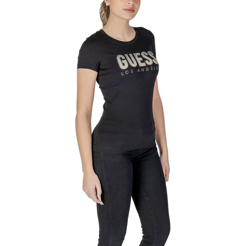 Schwarz Guess Baumwoll-T-Shirt für Damen aus Los Angeles mit silbernem Glitzer-Strassbuchstaben und Rundhalsausschnitt