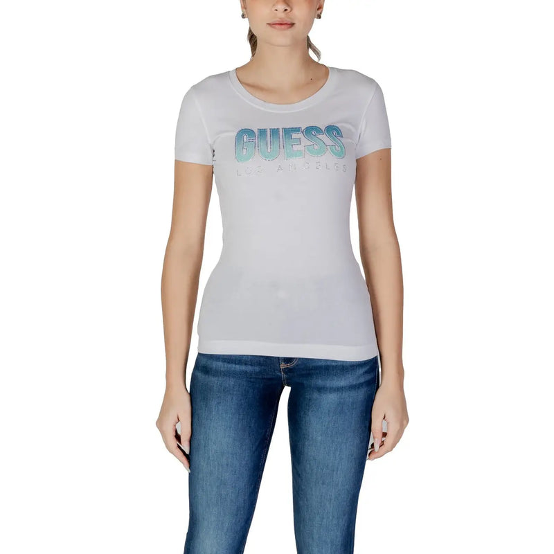 Weiß Guess Damen-T-Shirt aus Baumwolle mit Farbverlauf in Blau und Türkis Guess Logo von Los Angeles auf der Brust