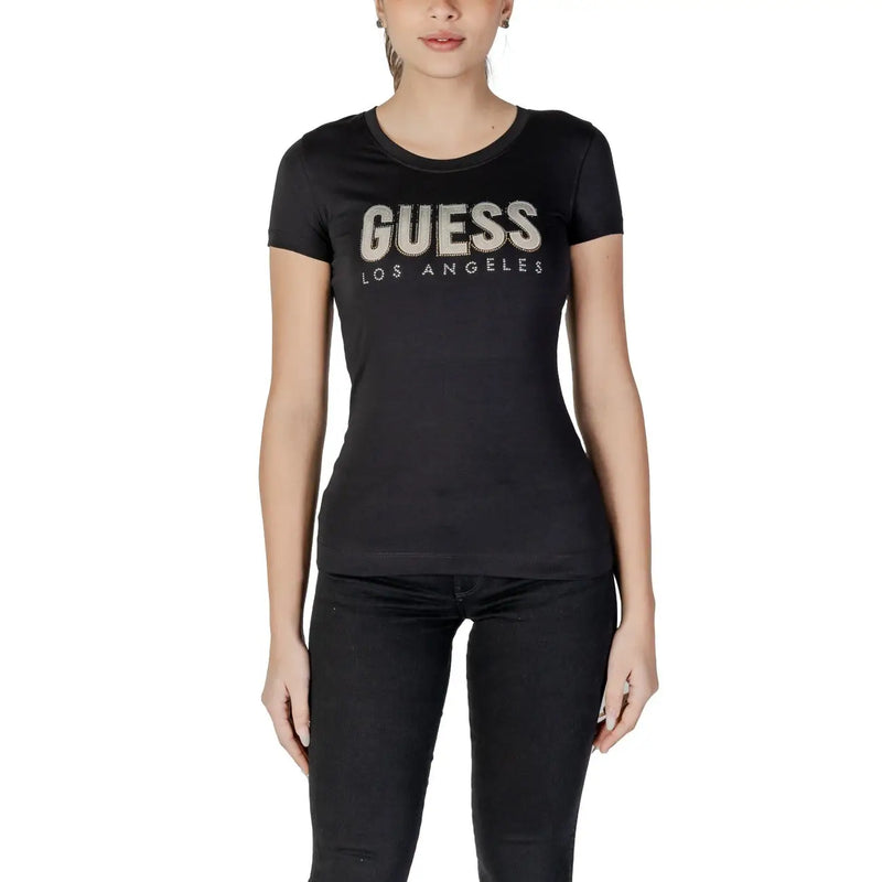 Schwarz Guess Kurzarm-T-Shirt aus Baumwolle mit Los Angeles-Motiv und funkelndem silbernen Strasslogo für Damen