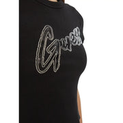Guess Schwarzes Damen-T-Shirt aus geripptem Baumwollstrick mit funkelndem, silbernem Strass-Logo auf der Vorderseite