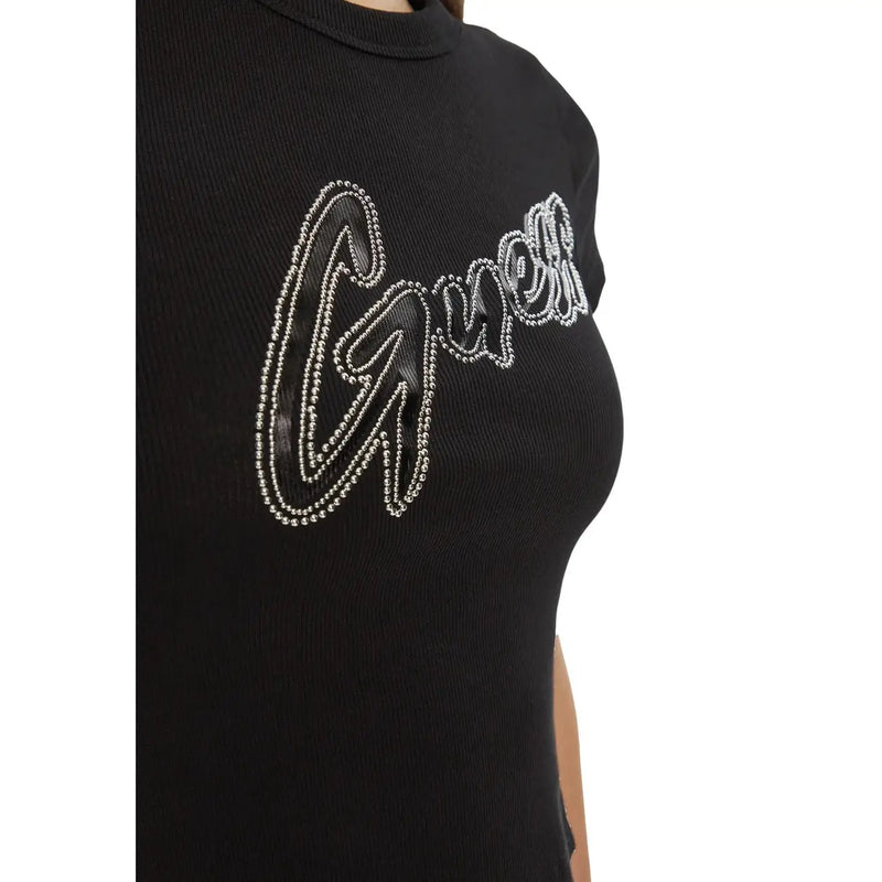 Guess Schwarzes Damen-T-Shirt aus geripptem Baumwollstrick mit funkelndem, silbernem Strass-Logo auf der Vorderseite
