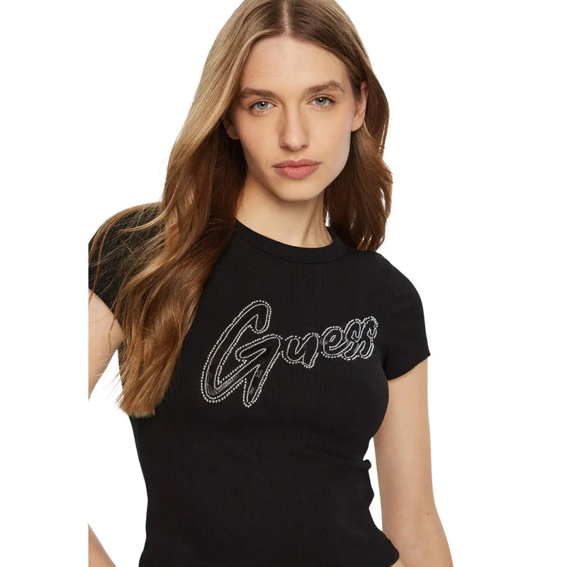 Schwarzes, geripptes Kurzarm-T-Shirt aus Baumwolle mit silbernen Strasssteinen guess Logo auf der Brust von Guess Frauen