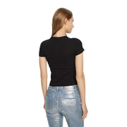 Schwarzes, geripptes Kurzarm-T-Shirt aus Baumwolle mit Rundhalsausschnitt und Guess Logo für Frauen
