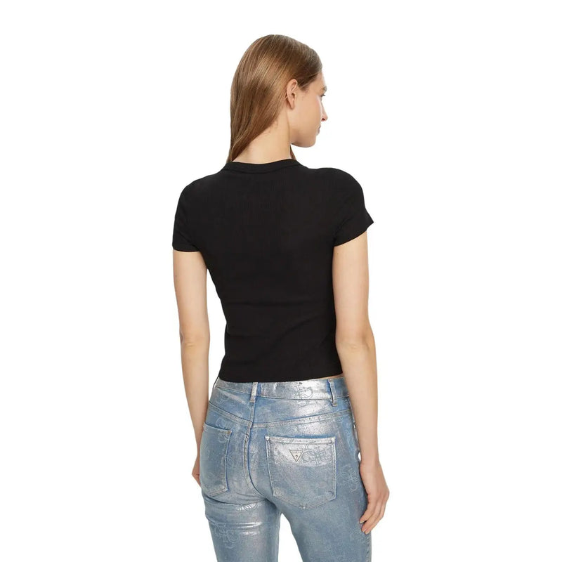 Schwarzes, geripptes Kurzarm-T-Shirt aus Baumwolle mit Rundhalsausschnitt und Guess Logo für Frauen