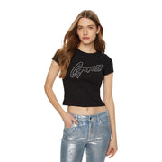 Schwarzes, kurzärmeliges Baumwoll-Rippstrick-Crop-Top top mit Glitzer Guess Logo und Rundhalsausschnitt für Damen