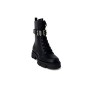 Schwarzes Kunstleder Guess Damen-Ankle-Combat-Boot mit klobiger Sohle und metallischem Logo-Riemen, Größe 4,5