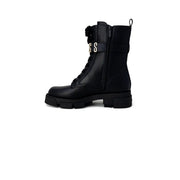 Guess Schwarze Damen-Ankle-Boots aus Kunstleder mit klobiger Sohle und goldfarbener SS-Logo-Schnalle, Größe 4,5