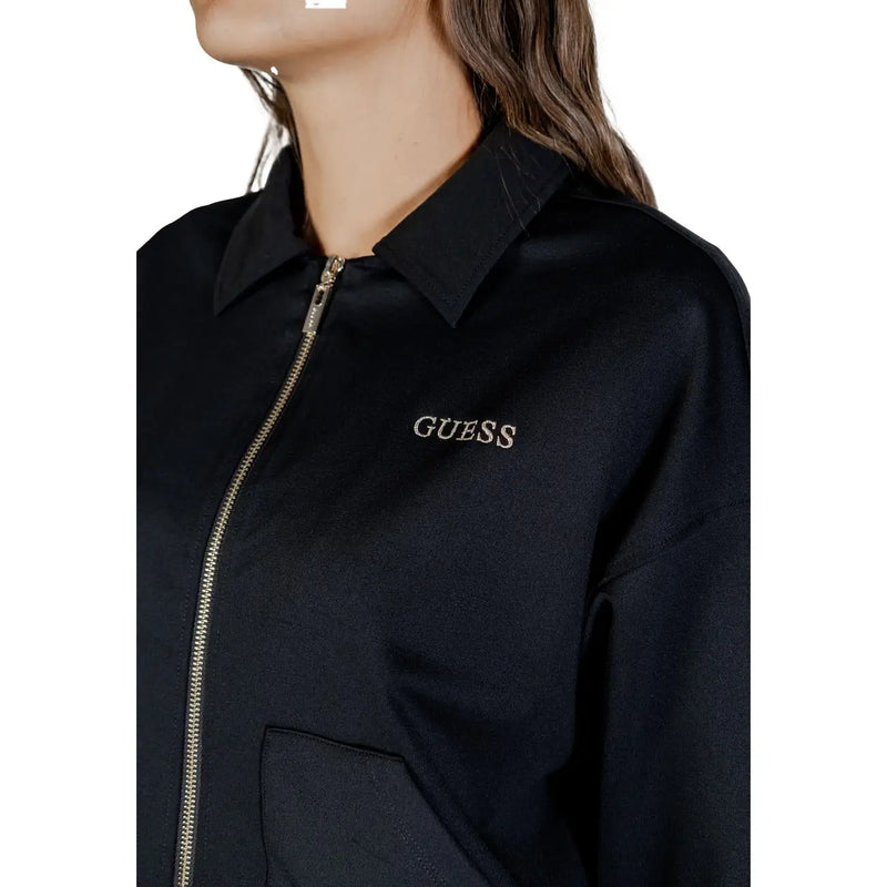 Schwarz guess Damen-Sweatshirt mit durchgehendem Reißverschluss aus Polyamid mit goldfarbenem Reißverschluss und gesticktem Logo auf der Vorderseite