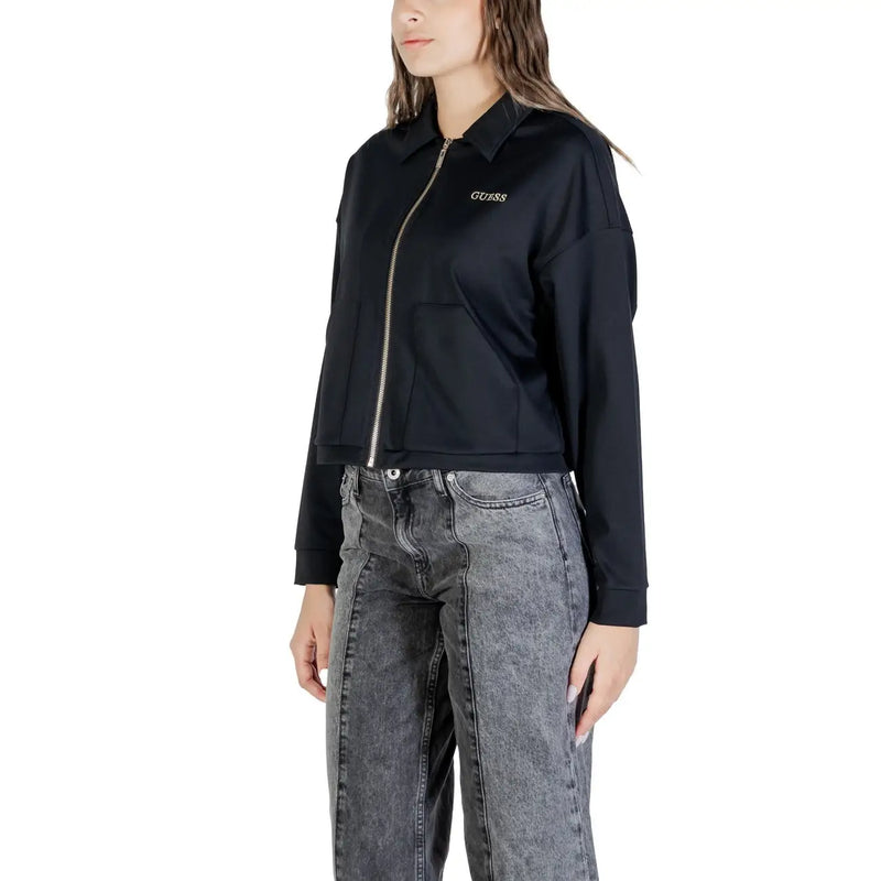 Schwarz guess Damen-Sweatshirt mit durchgehendem Reißverschluss aus Polyamid mit dezentem Logo auf der Brust, perfekt für die Freizeit.