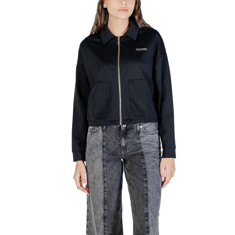 Guess Schwarzes Damen-Sweatshirt aus Polyamid mit durchgehendem Reißverschluss, goldenem Reißverschluss und Vordertaschen für die Freizeit.