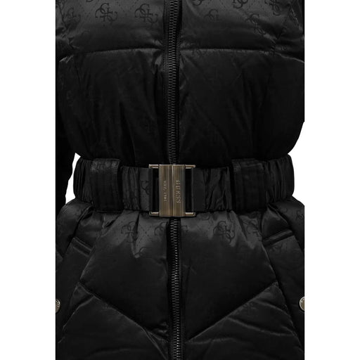 Guess Schwarze Damen-Kapuzenjacke aus Polyamid mit dezentem Logomuster und metallisch-silbernen Akzenten hugo Boss-Gürtelschnalle