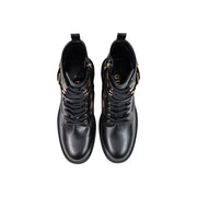 Guess Schwarze Damen-Ankle-Boots aus Polyurethan mit goldfarbenen Metallelementen und Schnürsenkeln in schwarzem Lederdesign