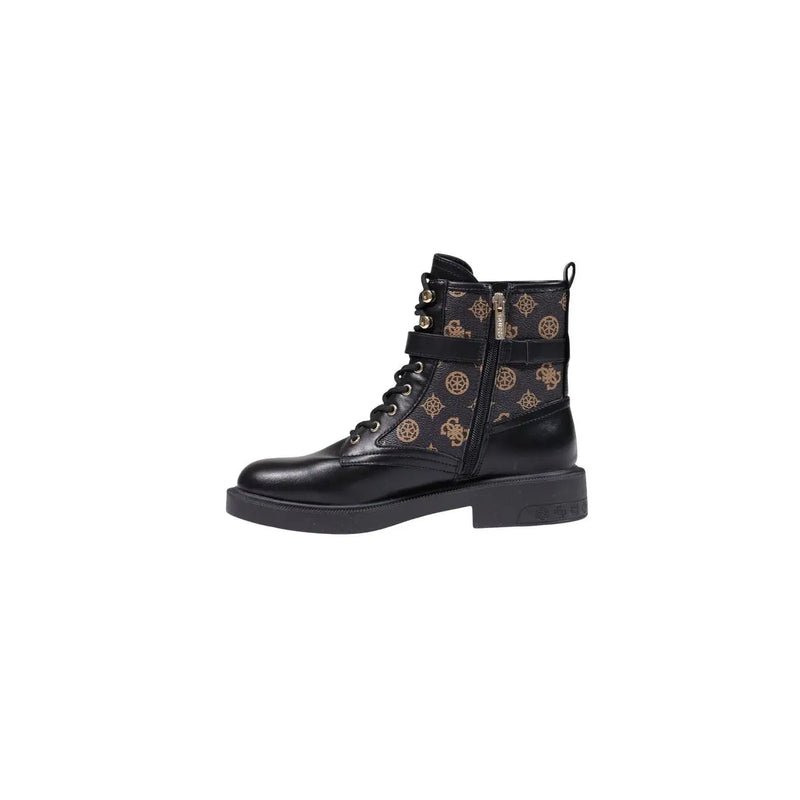 Guess Schwarze Damen-Ankle-Boots aus Polyurethan mit goldfarbenem, kreisförmigem Logo-Muster und klobigem Absatz aus schwarzem Leder