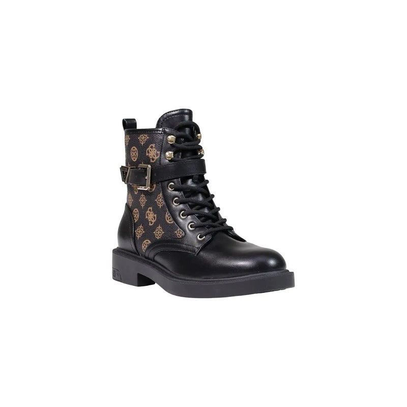 Guess Schwarze Damen-Ankle-Boots aus Polyurethan mit goldfarbenem Logomuster und seitlichem Schnallenriemen.
