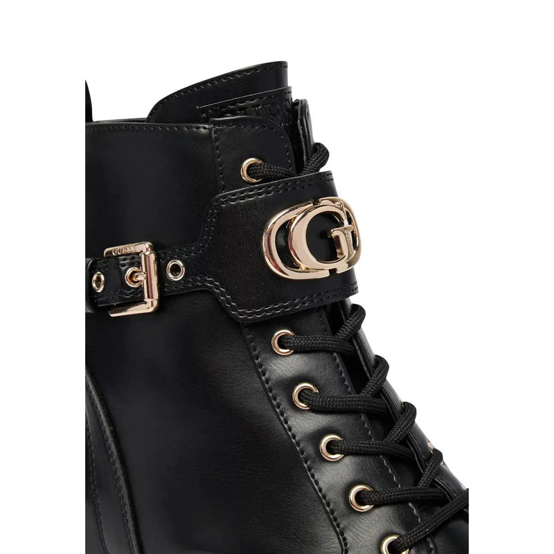 Guess Schwarze Damen-Schnürstiefelette aus Polyurethan mit goldfarbener Schnalle und Logo-Detail in Lederoptik