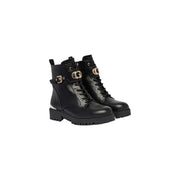 Guess Schwarze Damen-Schnürstiefeletten aus Polyurethan mit goldfarbenen Schnallen und klobiger Sohle im Combat-Stil aus Leder.