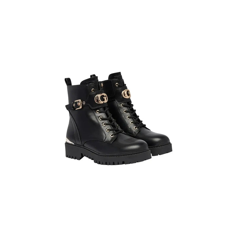 Guess Schwarze Damen-Schnürstiefeletten aus Polyurethan mit goldfarbenen Schnallen und klobiger Sohle im Combat-Stil aus Leder.