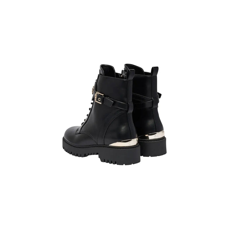 Guess Schwarze Damen-Ankle-Boots aus Polyurethan mit silbernen Schnallen und Absatzverzierungen aus schwarzem Lackleder