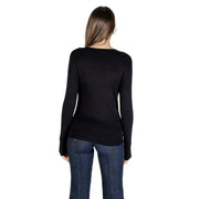 Women’s black long-sleeve knitwear with asymmetrical hem and rhinestone details