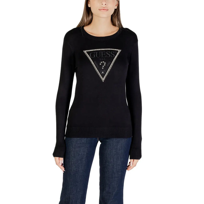Women’s black long-sleeve knitwear with sparkly triangular Guess logo and rhinestones