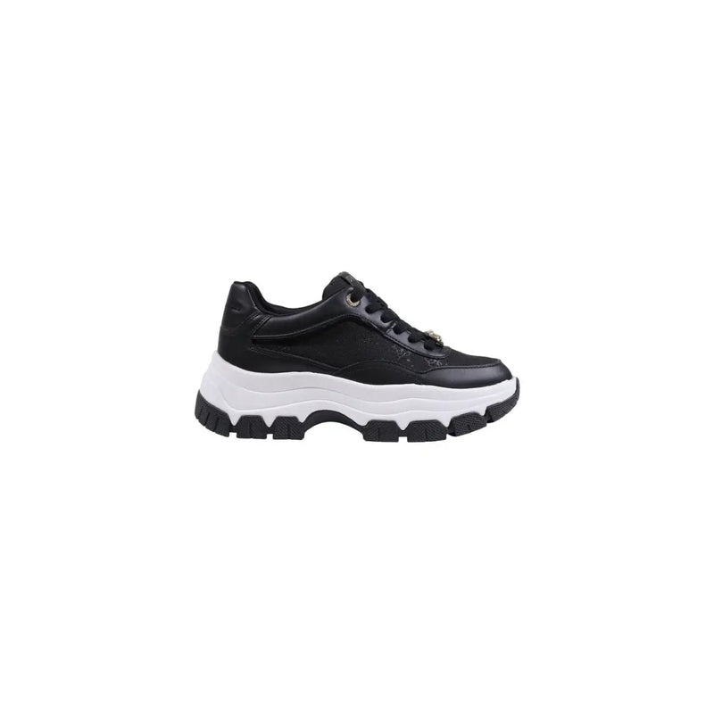 Guess Schwarze Damen-Sneaker aus Leder mit dicker, weiß-schwarzer Gummisohle und Schnürung aus Synthetik