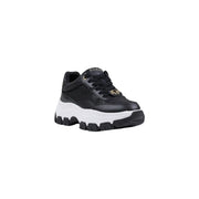 Schwarz Guess Damen-Sneaker aus Synthetikmaterial mit klobiger Sohle, Schnürung, weißer Gummisohle und goldfarbenen Ösen