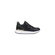 Black leather women’s slip-on sneakers with gold accents and white soles for Guess Fall Winter collection