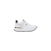White and gold women’s athletic slip-on sneakers with black sole for Guess Fall Winter collection