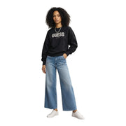 Guess Schwarzes Damen-Sweatshirt mit silbernem Glitzer-Logo-Schriftzug aus Viskosemischgewebe